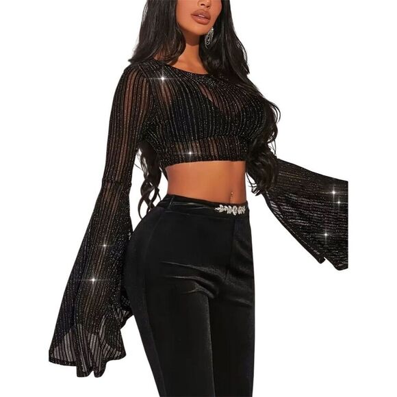 Sexy Y2k Crop Black Sheer Mesh Glitter Bell Sleeve Top Blouse L Gothic Vampy - Picture 4 of 9